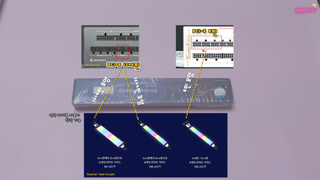 리안리 스트리머 플러스 V2 RTX 4090 4080 4070 ti 12+4핀 RGB 케이블(스트라이머 플러스 V2) V1 비교 및 L-커넥트 3 소프트웨어 RGB 효과 12VHPWR PW168-8PV2